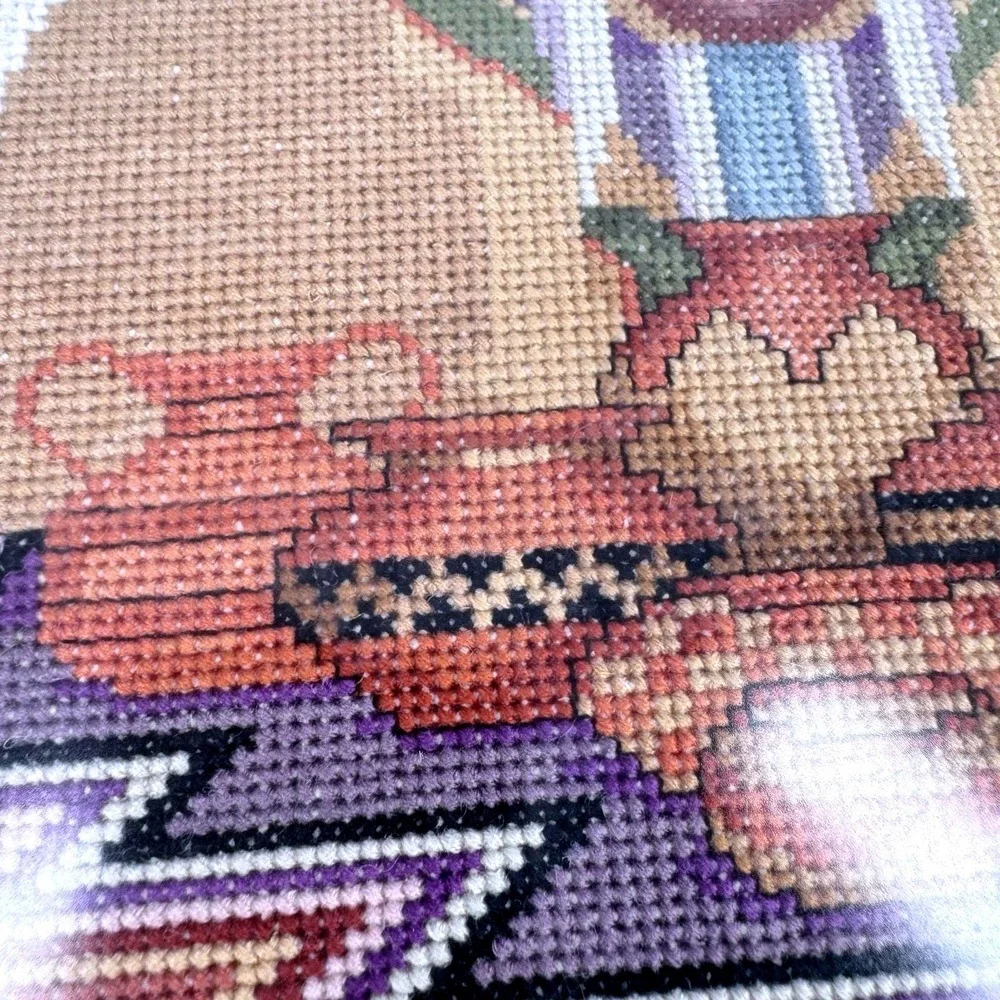Framed Hand Stitched Needlepoint Southwest Figure Wall‎ Art Wood Frame 13x15